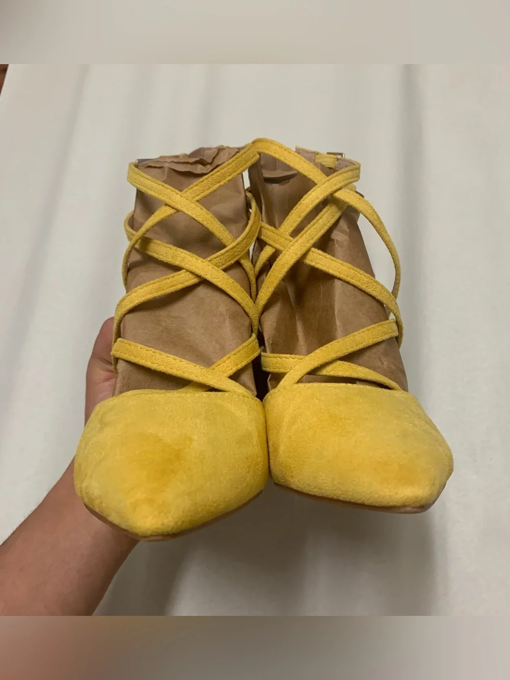 Forever 21 Womens Forever Women Mustard Suede Crossed Strap Pointy Toe Stiletto